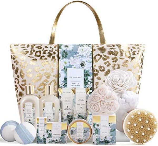 Spa Gift Baskets for Women, Mother’s Day Gifts for Mom, Bath Gifts Set with Jasmine Scent, Spa Luxetique 15pc Home Spa Kit Includes Bath Bombs, Essential Oil, Hand Cream, Bath Salt and Handmade Tote Bag, Birthday Gifts for Women