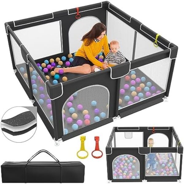 Baby Playpen, Playpen for Babies and Toddlers, Bottom Padded Design Large Baby Play Pen with Gates, Portable Baby Fence, Indoor & Outdoor Baby Activity Center, Sturdy Safety Baby Play Pen - Black