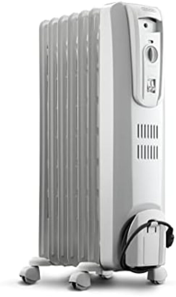 De'Longhi Oil-Filled Radiator Space Heater, Full Room Quiet 1500W, Adjustable Thermostat 3 Heat Settings, Energy Saving, Safety Features, Light Gray, TRH0715CA