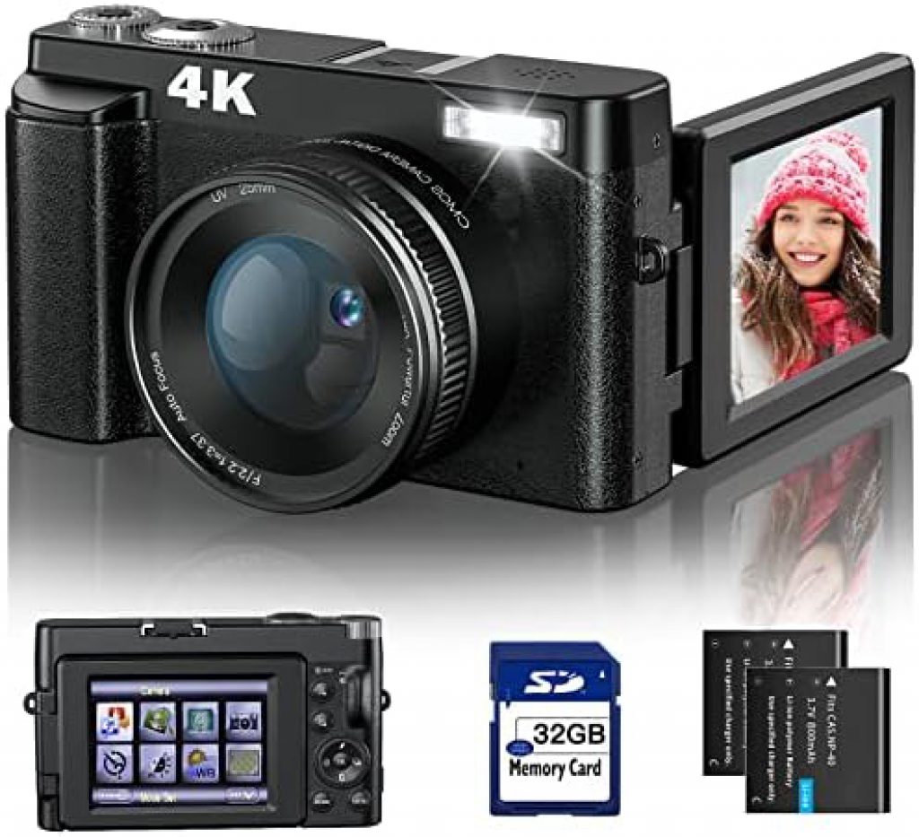 4K Digital Camera for Photography and Video Autofocus Anti-Shake, 48MP Vlogging Camera with SD Card, 3'' 180° Flip Screen Compact Camera with Flash, 16X Digital Zoom Travel Camera (2 Batteries)