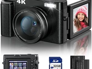 4K Digital Camera For Photography And Video Autofocus Anti-Shake, 48Mp Vlogging Camera With Sd Card, 3'' 180° Flip Screen Compact Camera With Flash, 16X Digital Zoom Travel Camera (2 Batteries)